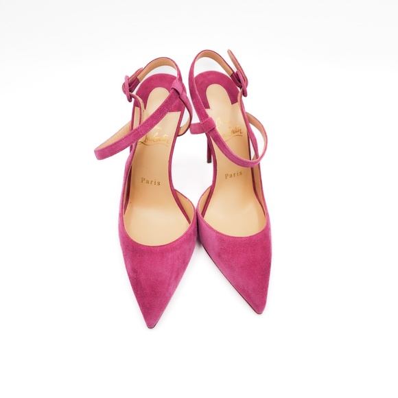 Christian Louboutin Pink Suede Slingback Cross Strap Buckle Pumps Heels EU 38 - Picture 4 of 8